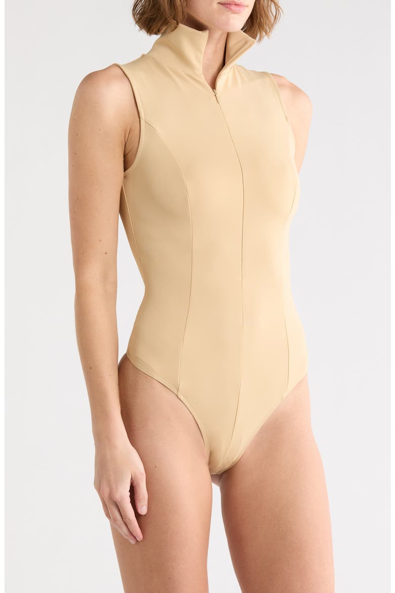 Stand Collar Sleeveless Scuba Bodysuit, Alternate, color, CHAMPAGNE005