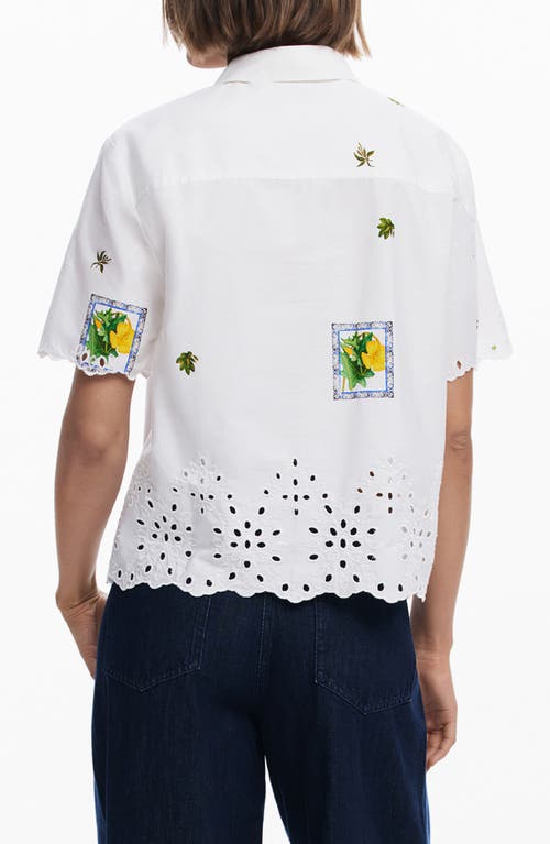 Desigual Embroidered Eyelet Short Sleeve Cotton Button-up Shirt In White