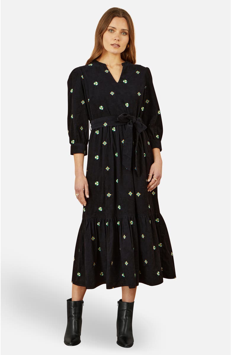 Yumi Flower Embroidery Midi Cord Dress, Main, color, Black