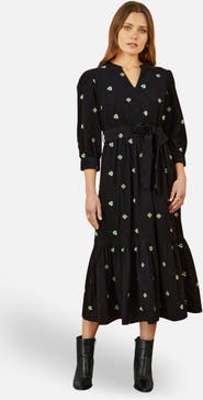 Yumi Flower Embroidery Midi Cord Dress