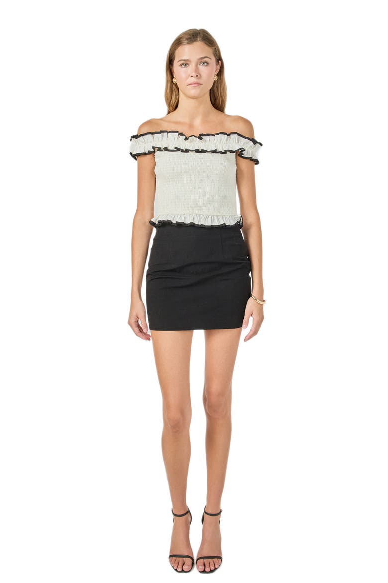 Off the Shoulder Ruffle Trim Smocked Top, Alternate, color, IVORY