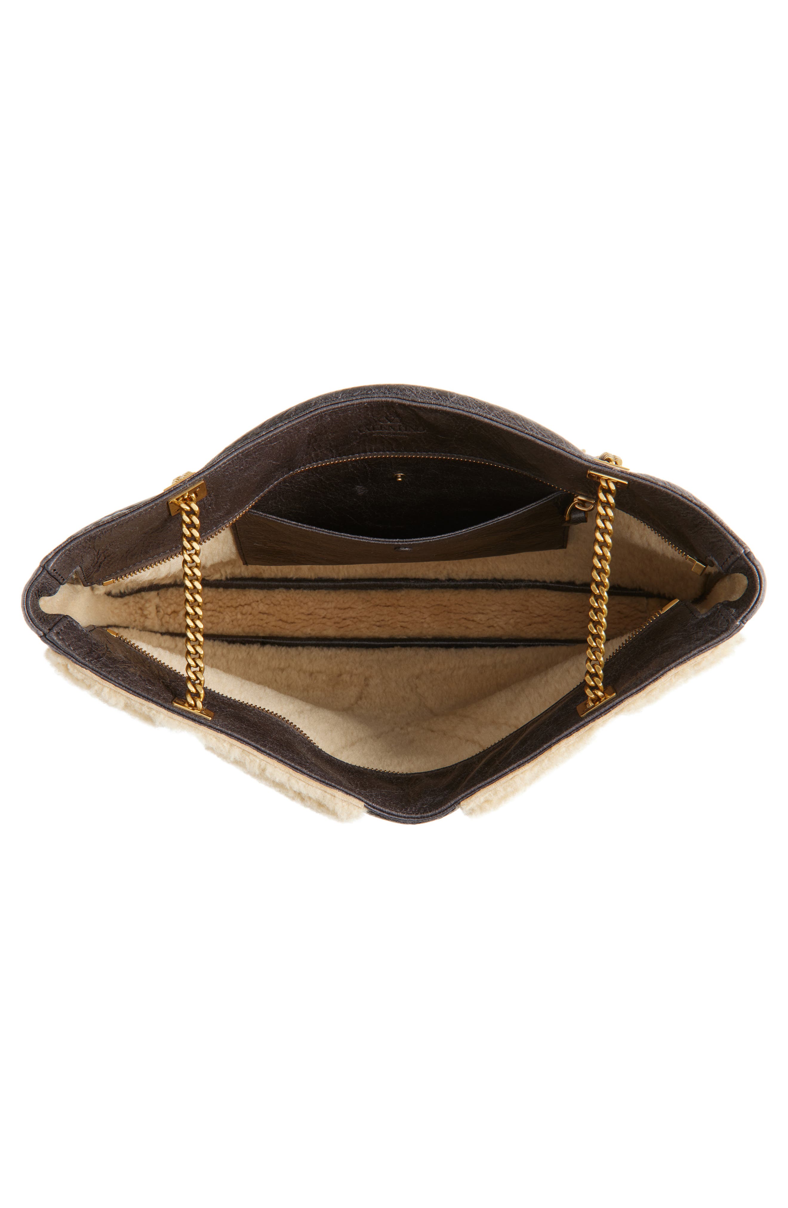 Valentino Garavani Medium Viva Superstar Crinkled Leather & Genuine Shearling Tote, Alternate, color, Cafe Fango/ Dark Beige