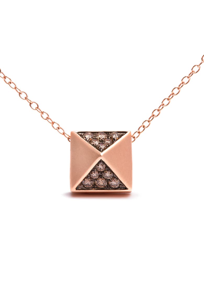 14K Rose Gold 1/4 Cttw Brown Diamond Matte Finished Pyramid Pendant Necklace, Alternate, color, Pink