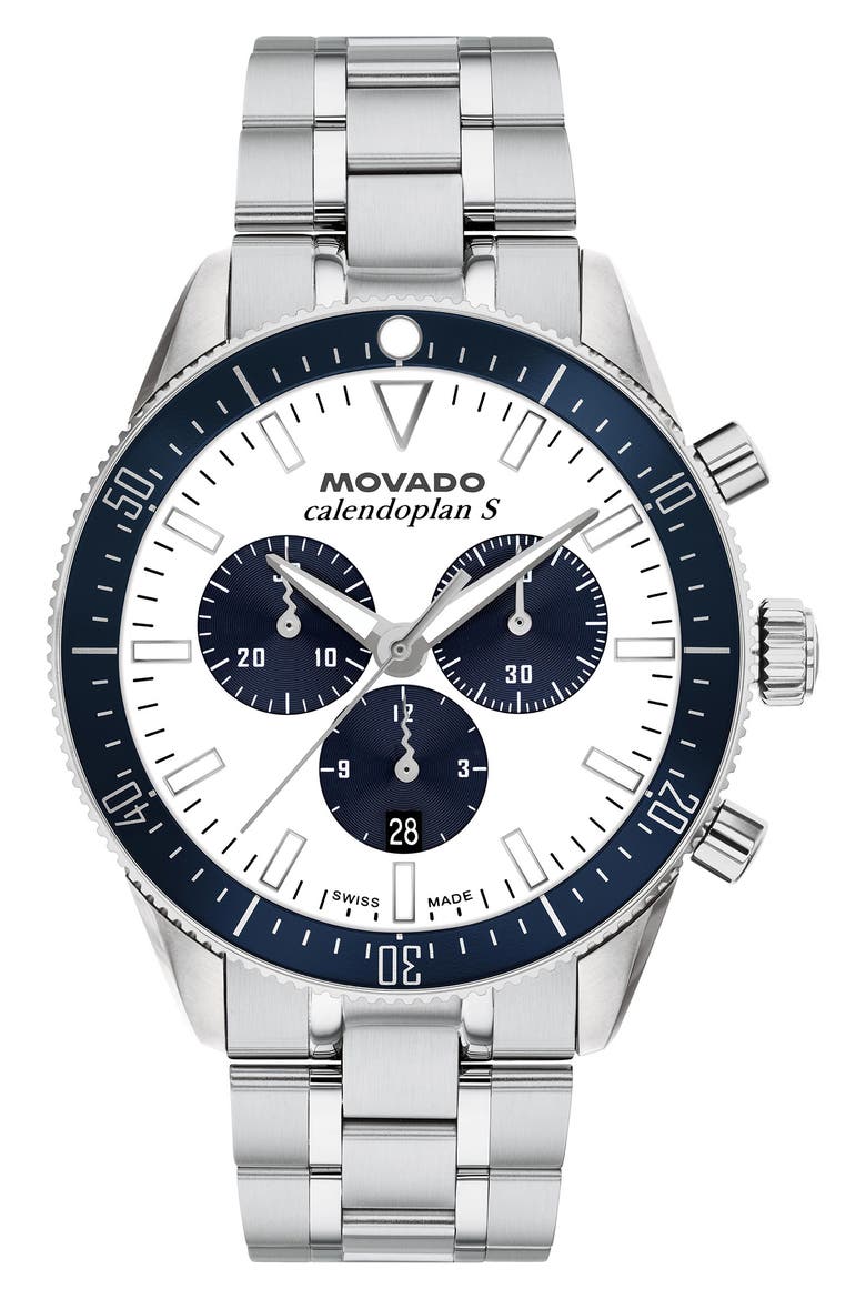Calendoplan Chronograph Bracelet Watch, 42mm, Main, color, WHITE
