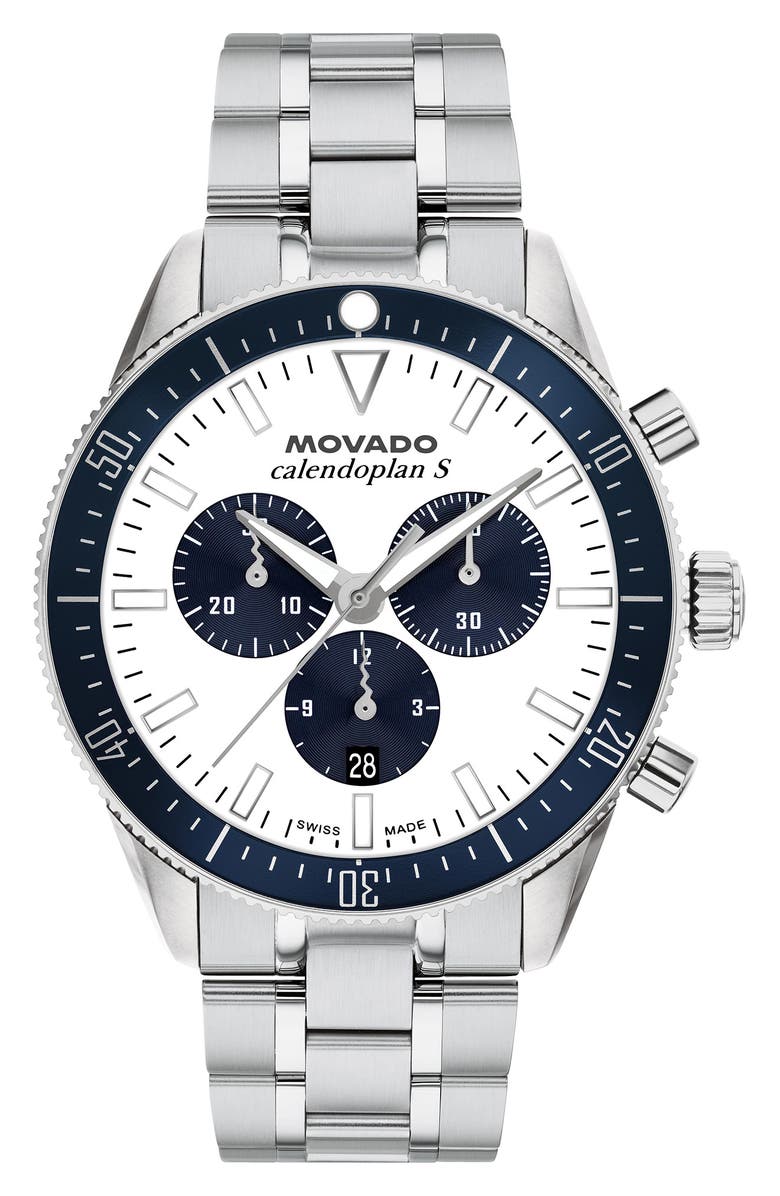 Movado Calendoplan Chronograph Bracelet Watch, 42mm, Main, color, White