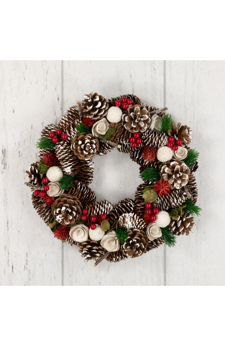Northlight White Wooden Rose and Pine Cone Artificial Christmas Wreath - 14" - Unlit, Alternate, color, Brown