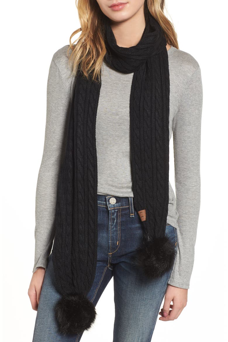 CC Faux Fur Pompom Knit Scarf, Main, color, BLACK