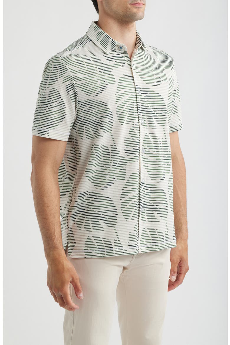 Costa Wave Monstera Mash Seersucker Stripe IslandZone® Short Sleeve Button-Up Shirt, Alternate, color, DARK JADE
