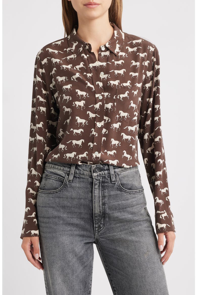 Kate Horse Print Silk Button-Up Shirt, Main, color, IVORY HORSES