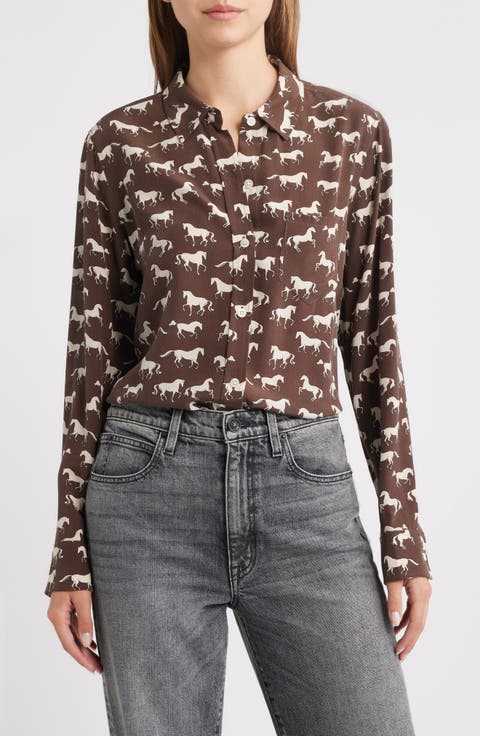 Kate Horse Print Silk Button-Up Shirt