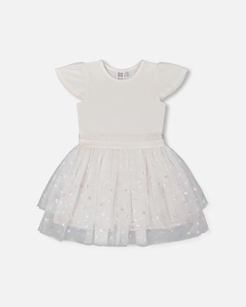 Deux Par Deux Girls' Bi-material Dress With Glitter Hearts Skirt - Big Kid In Snow White