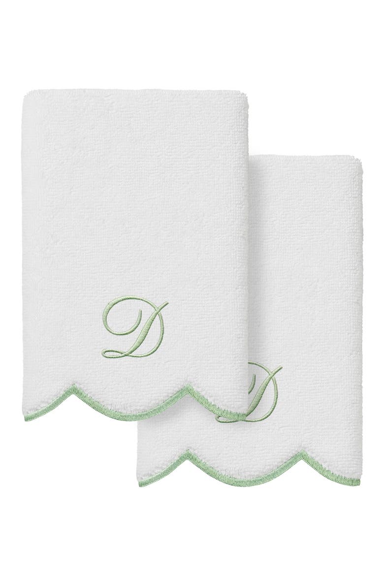 Adornia Scallop Personalized Monogram 2-Piece Washcloth Set, Main, color, WHITE/ GREEN D
