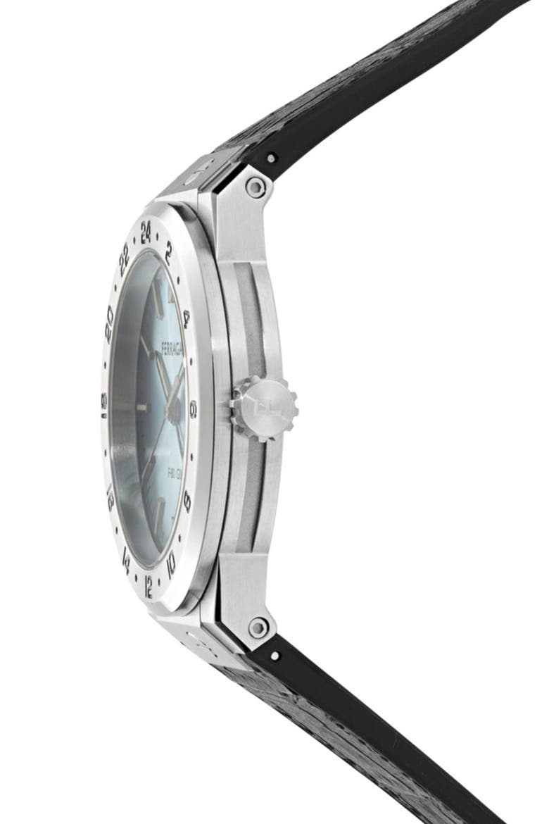 F-80 Classic GMT Leather Strap Watch, 41mm, Alternate, color, STAINLESS STEEL/ BLACK