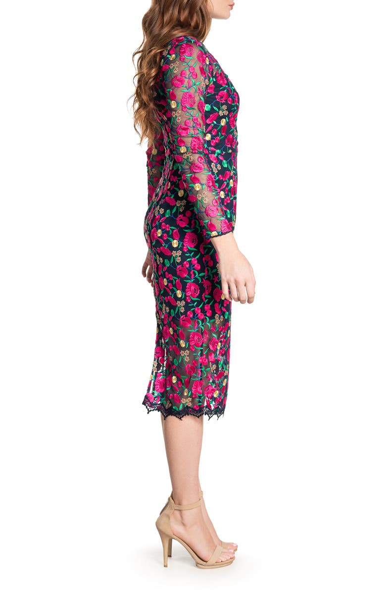 Dress the Population Sophia Embroidered Floral Long Sleeve Bodycon Midi Dress, Alternate, color, 