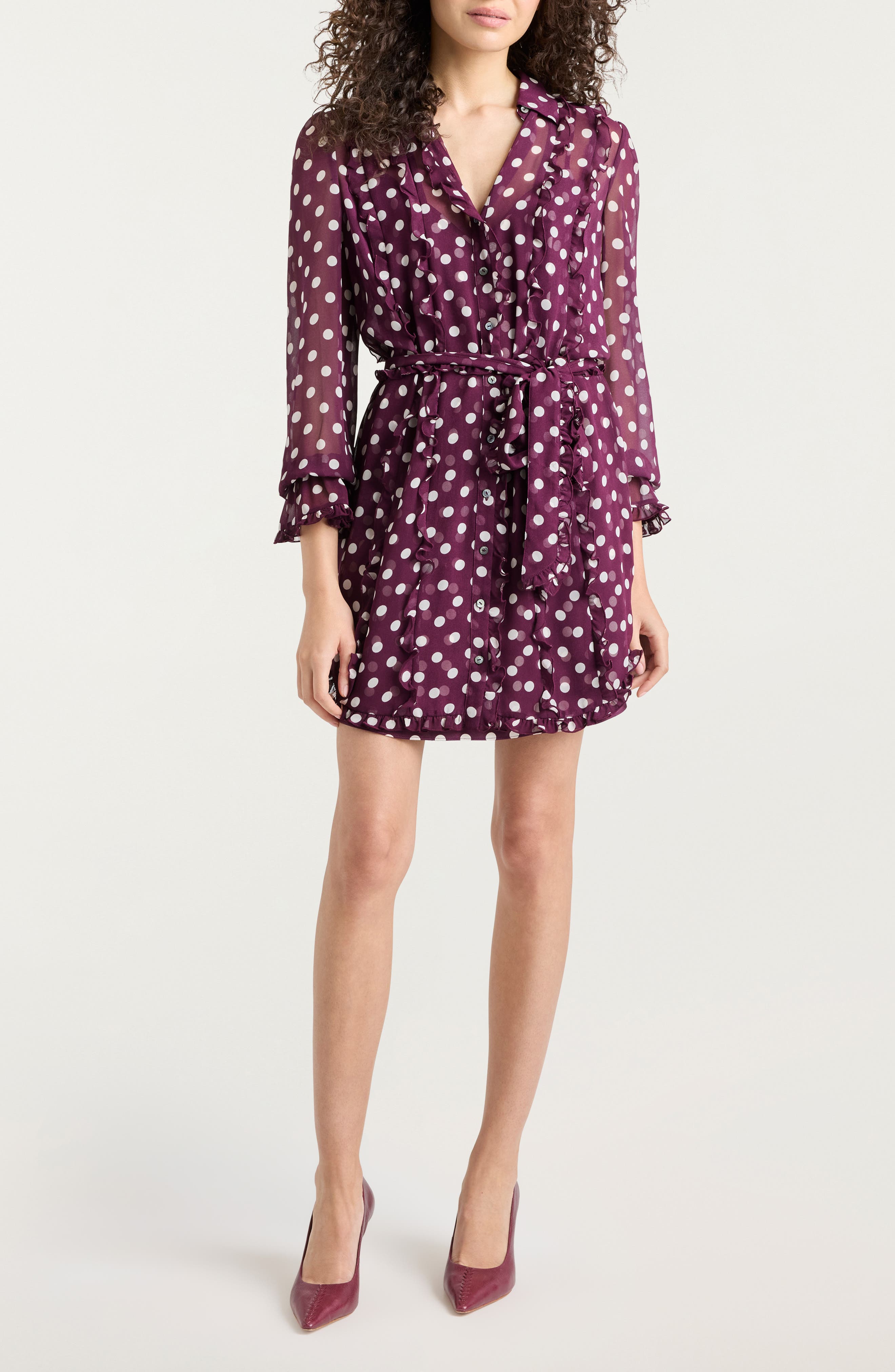 Cinq à Sept Camille Polka Dot Long Sleeve Chiffon Shirtdress