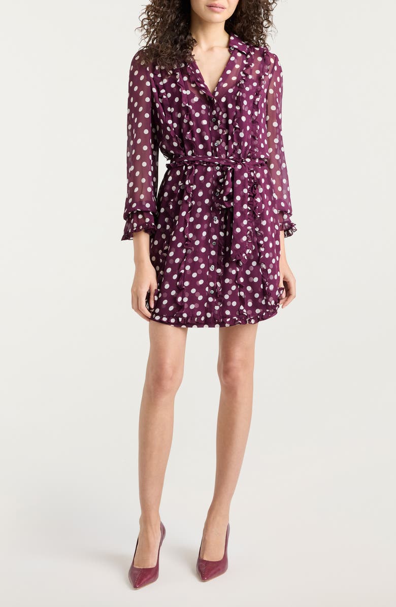 Cinq à Sept Camille Polka Dot Long Sleeve Chiffon Shirtdress, Main, color, Deep Plum/ Limestone