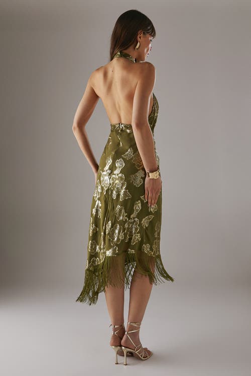 Warehouse Metallic Chiffon Wrap Front Midi Dress In Green