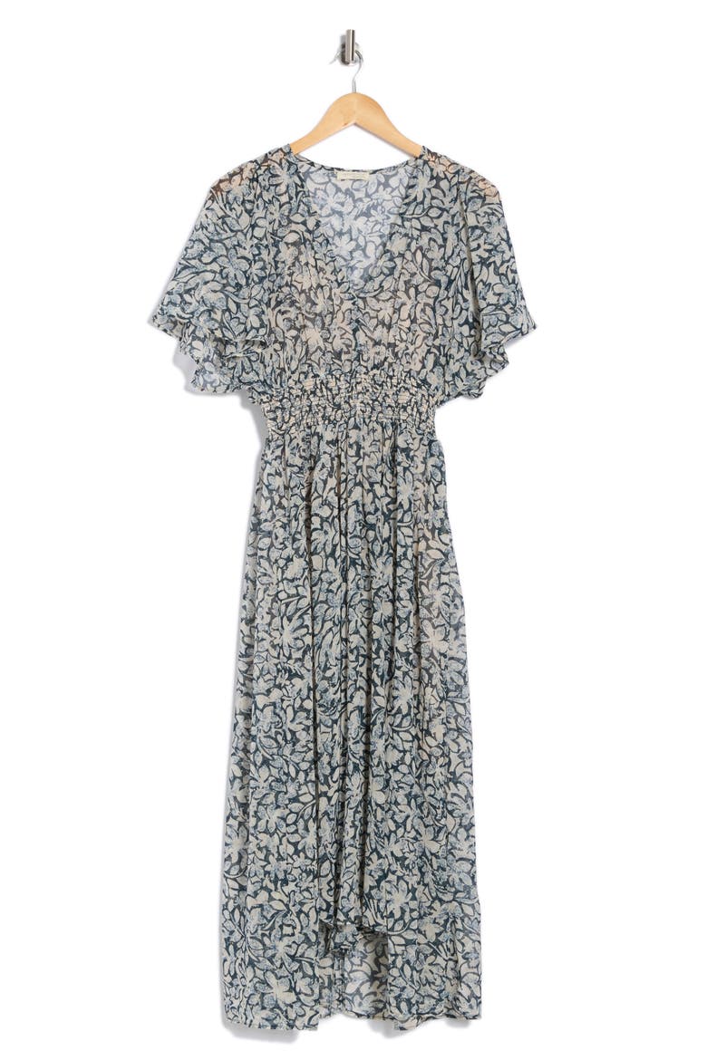 Floral Short Sleeve Smocked Waist Maxi Dress, Alternate, color, TEAL/ TAUPE