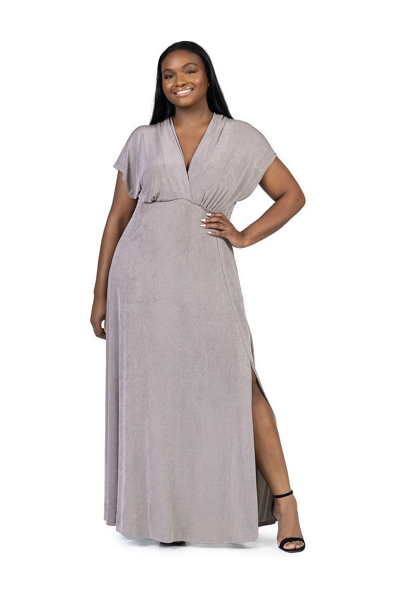 Plus Size  Flutter Sleeve Metallic Knit Maxi Dress Front Slit Empire Waist, Main, color, Grey