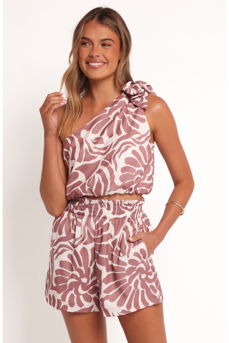 Gretel One-Shoulder Crop Top & Shorts Set, Alternate, color, MOCHA CREAM