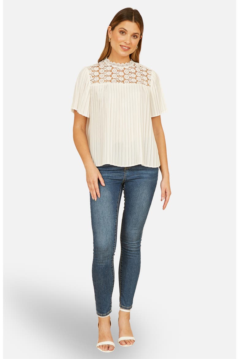 Lace Panel Pleated Short Sleeve Top, Alternate, color, White