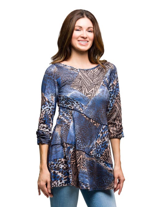 24seven Comfort Apparel Three Quarter Sleeve Tunic Top Animal Print In Blue