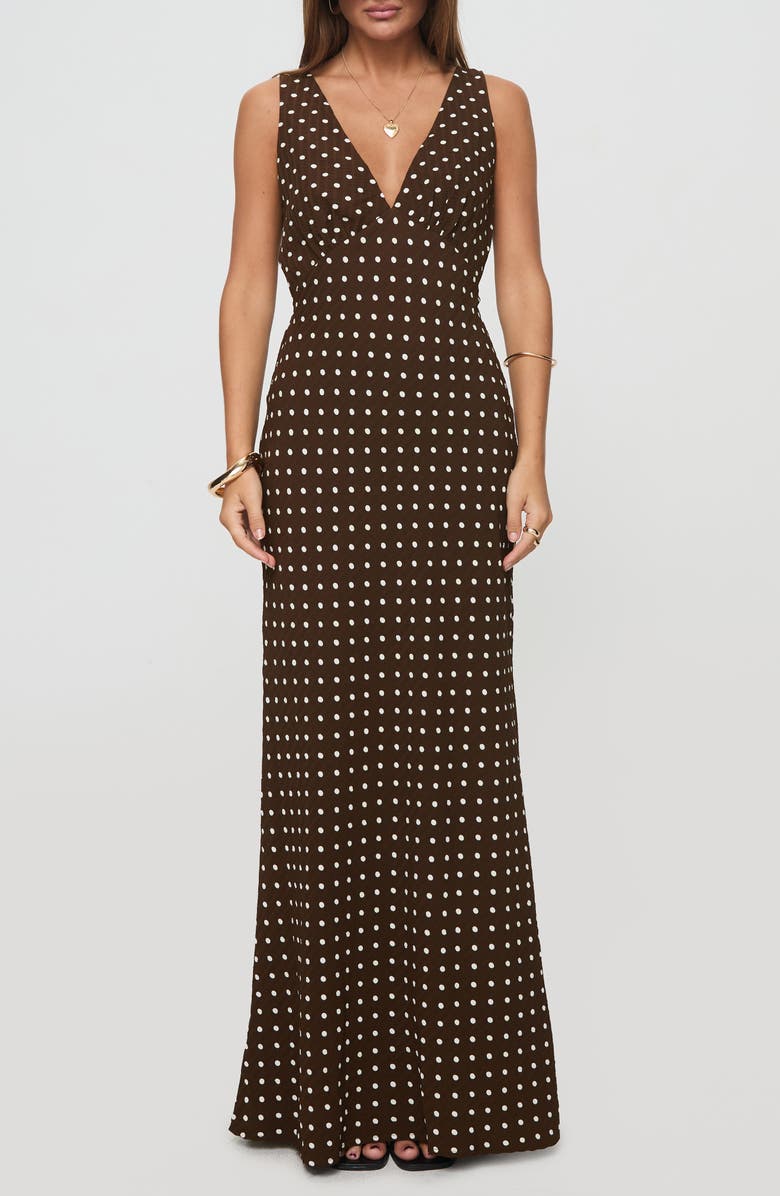 Princess Polly Nellie Polka Dot Maxi Dress, Main, color, Brown Polka Dot