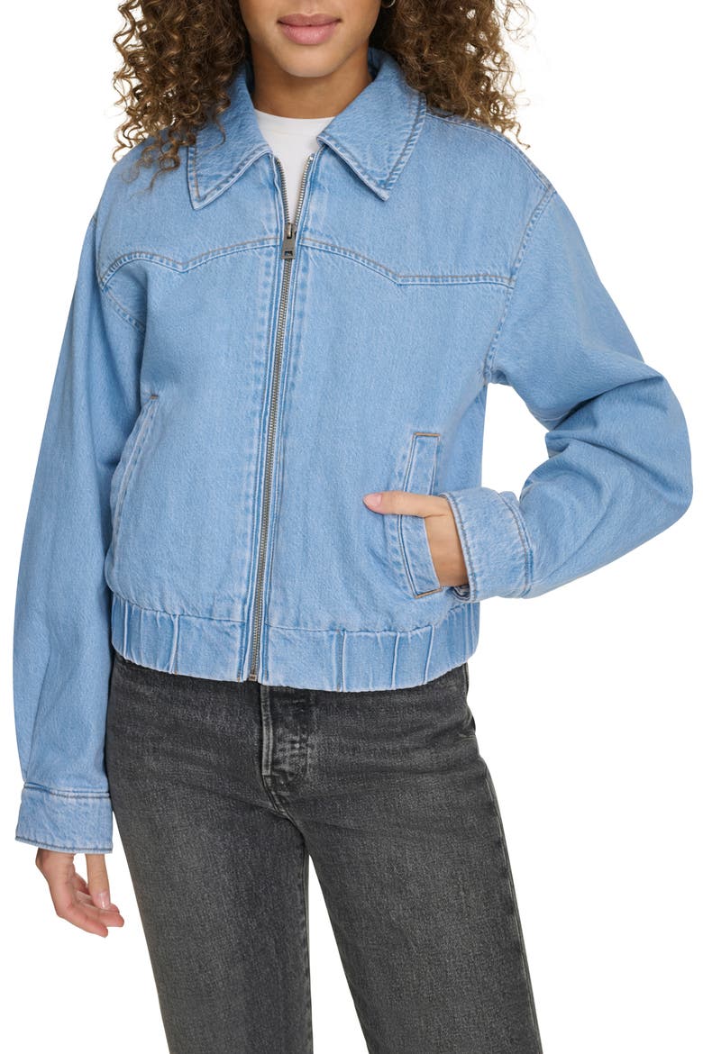 Western Denim Bomber Jacket, Main, color, LIGHT WASH DENIM