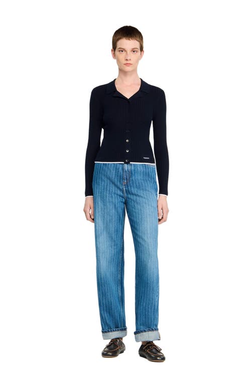 Sandro Cropped Polo Collar Cardigan In Blue
