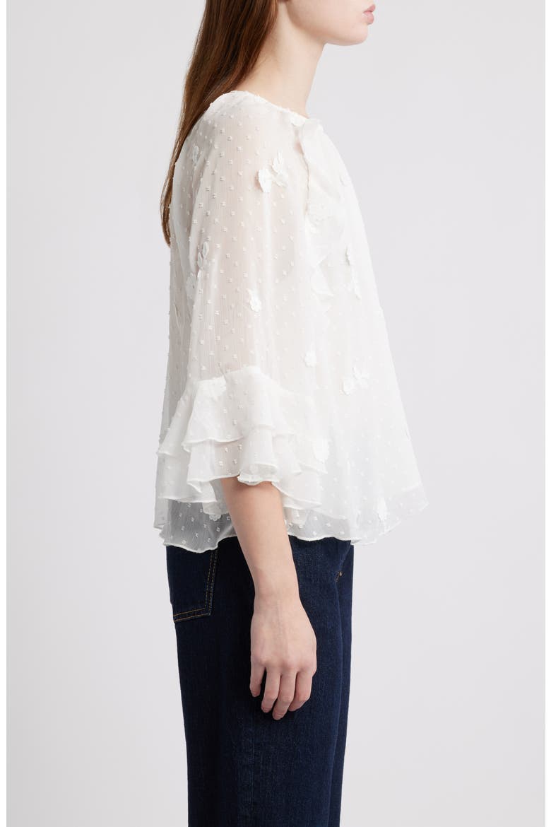 Floral Appliqué & Clip Dot Chiffon Top, Alternate, color, WHITE