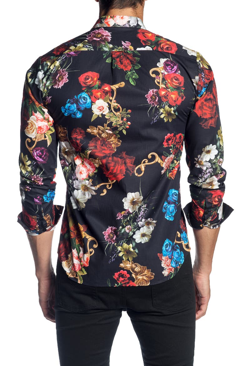 Trim Fit Floral Print Shirt, Alternate, color, BLACK FLORAL PRINT