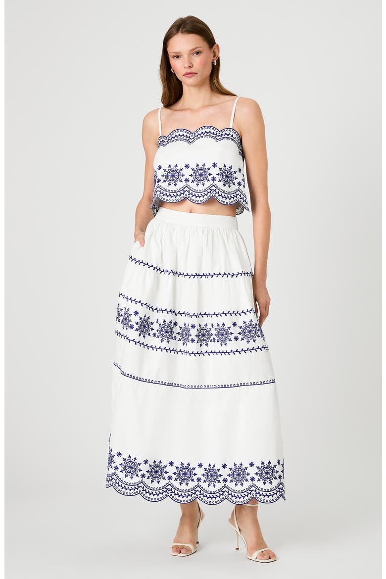Alissa Embroidered Cotton Midi Skirt, Alternate, color, LINEN WH-ELEC INDIGO