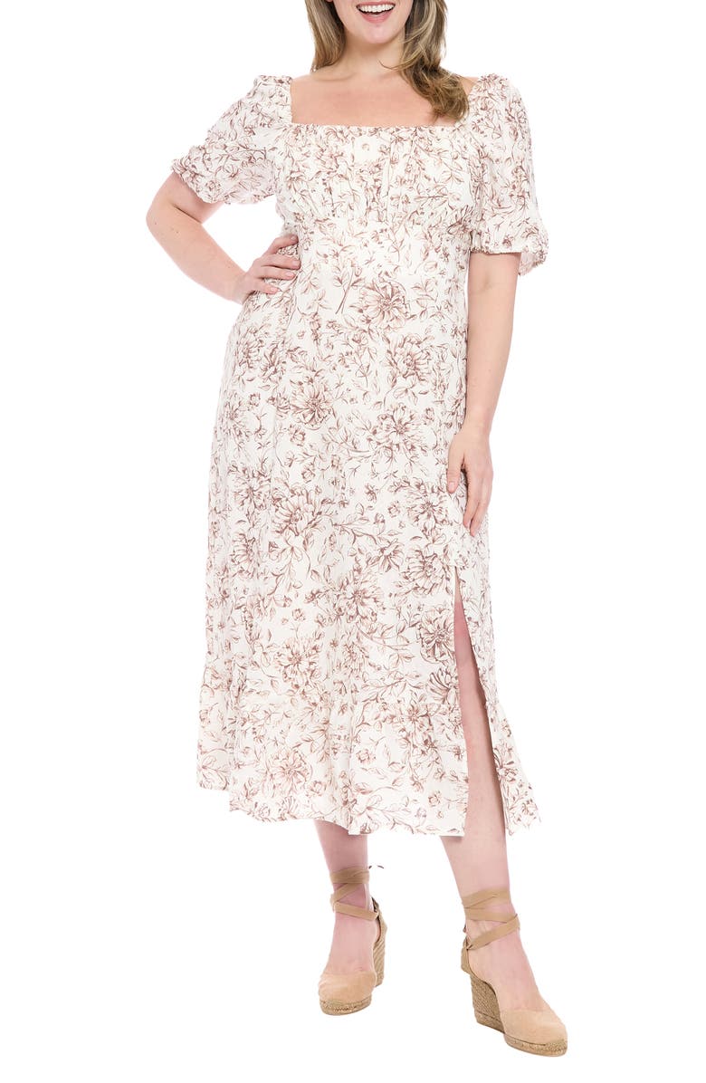 London Times Floral Puff Sleeve Maxi Dress, Main, color, Ivory/ Brown