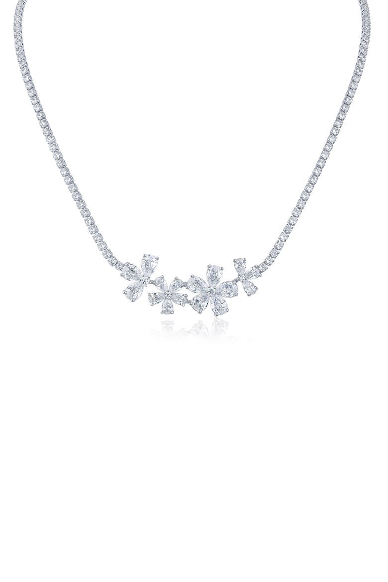 Cubic Zirconia Flower Cluster Necklace, Main, color, SILVER