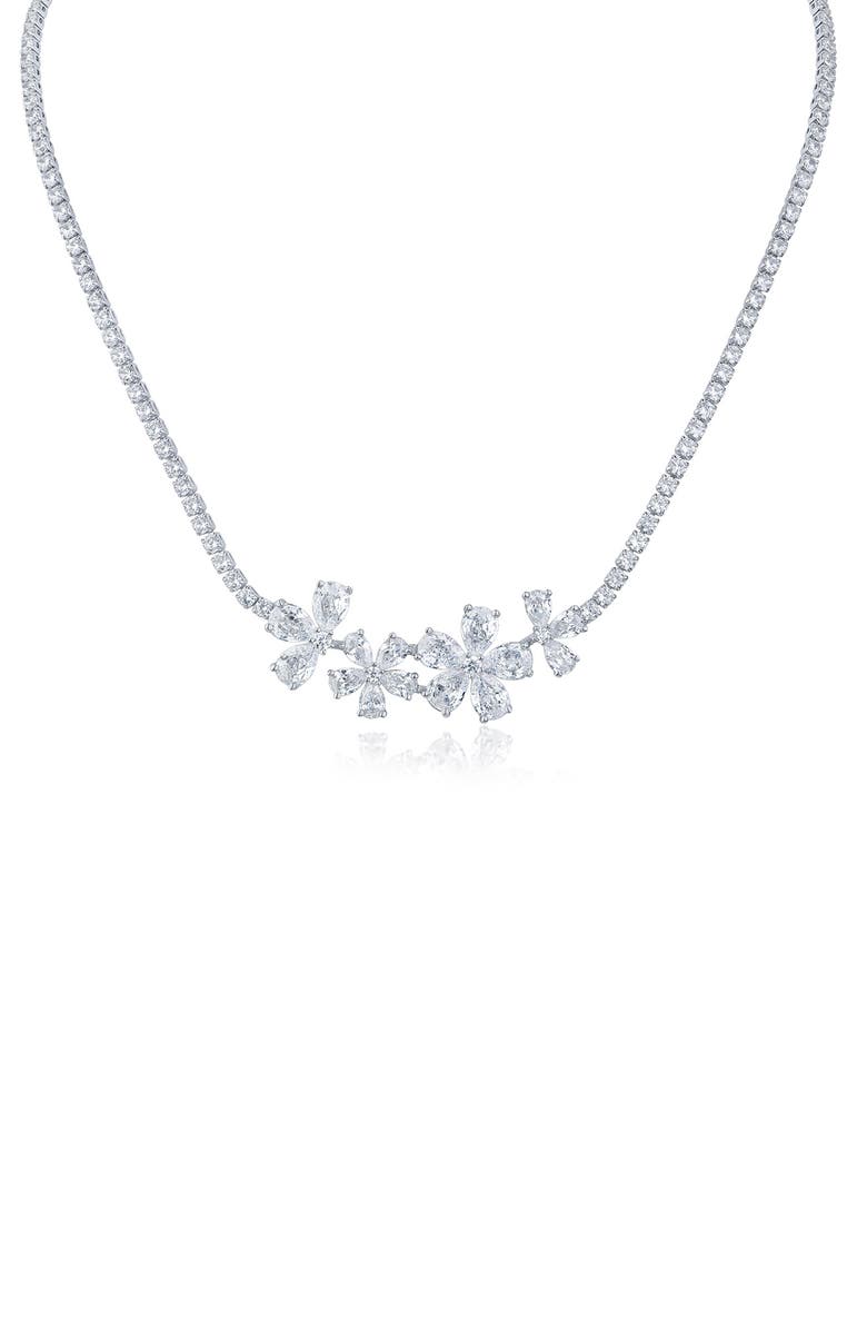CZ by Kenneth Jay Lane Cubic Zirconia Flower Cluster Necklace, Main, color, Silver
