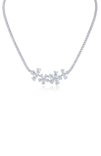 Cz By Kenneth Jay Lane Cubic Zirconia Flower Cluster Necklace In Silver