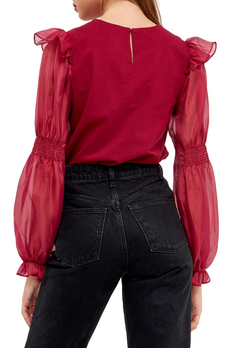 Puff Sleeve Cotton and Organza Blouse, Alternate, color, WINE