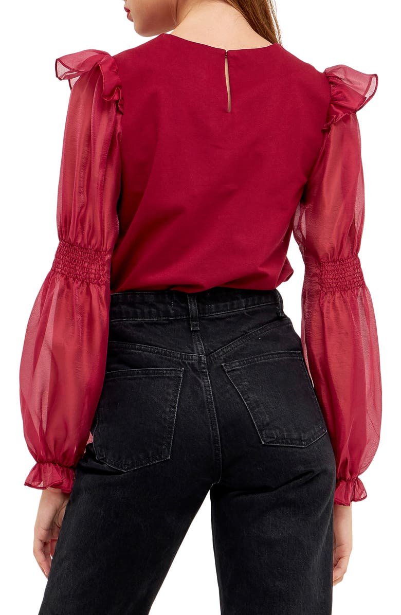 English Factory Puff Sleeve Cotton and Organza Blouse, Alternate, color, Wine