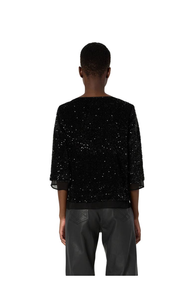 Alienor Sequin 3/4 Sleeve Voile Trim Top, Alternate, color, Black