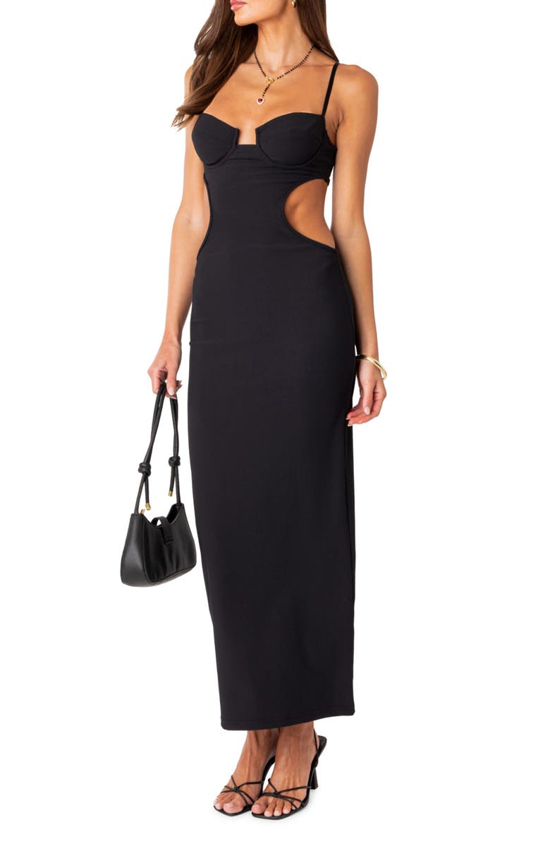 EDIKTED Cutout Rib Maxi Dress, Alternate, color, Black