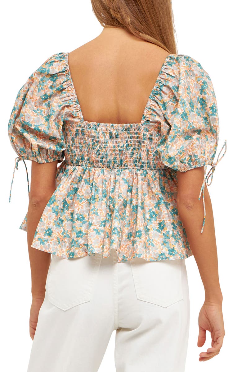 English Factory Floral Puff Sleeve Cotton Top, Alternate, color, Green Multi