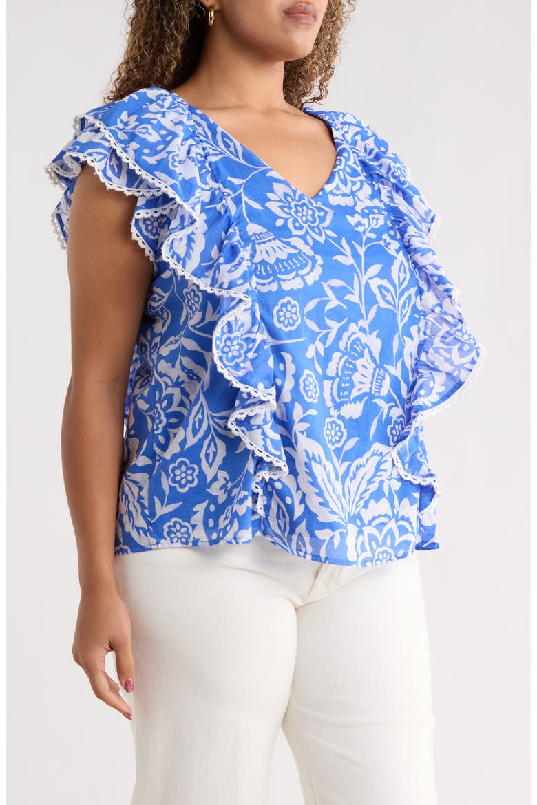 Marny Floral Ziva Ruffle Blouse, Alternate, color, BLUE WHITE