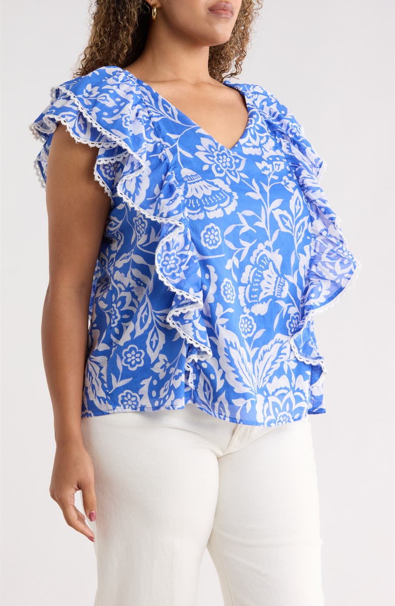 SUGARLIPS Marny Floral Ziva Ruffle Blouse, Alternate, color, Blue White