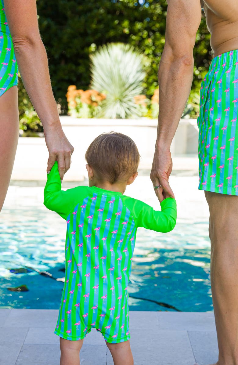 RuggedButts Neon Flamingo Long Sleeve One-Piece Rashguard Swimsuit, Alternate, color, Green