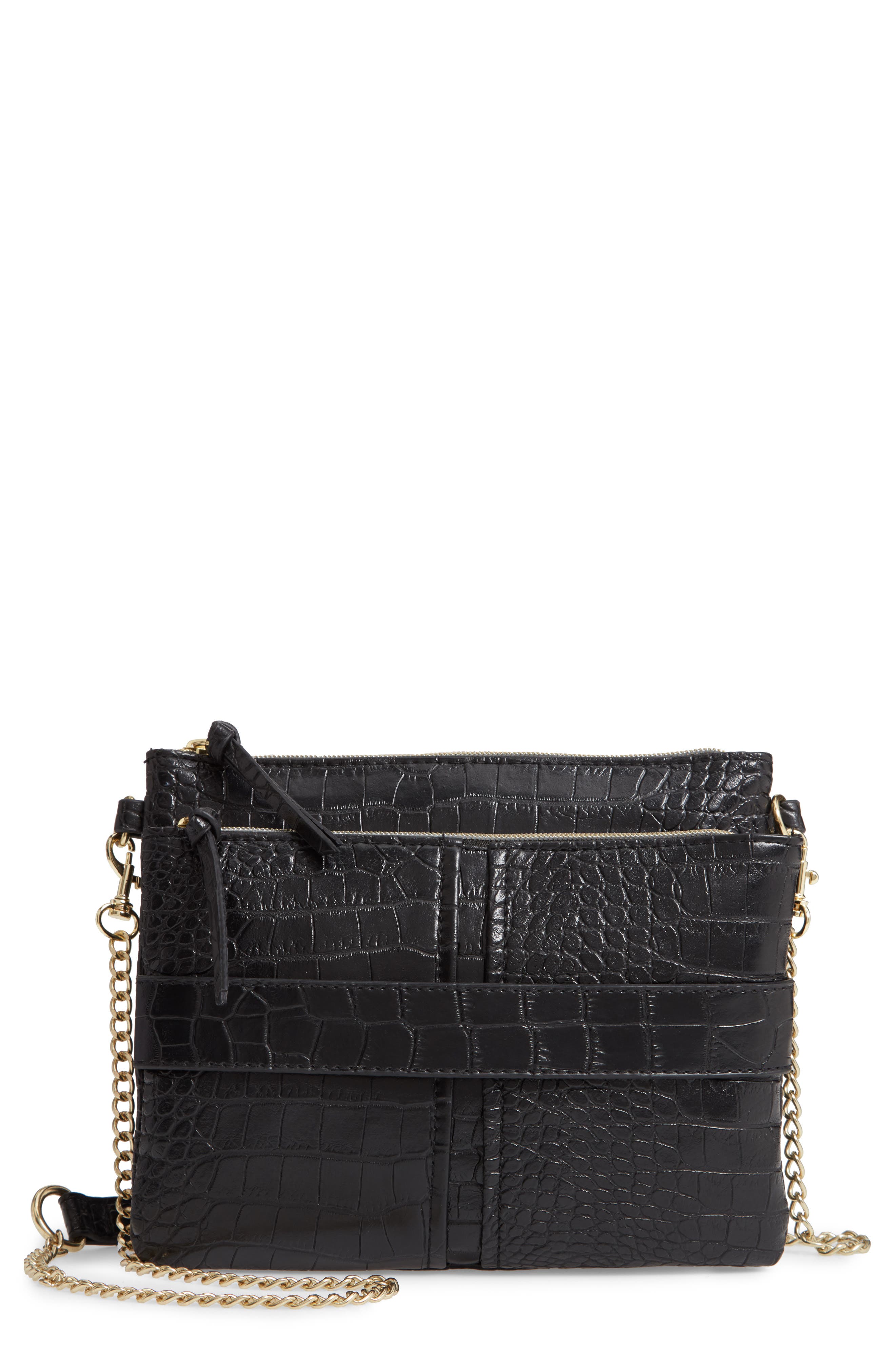 Croc Embossed Double Pouch Crossbody Bag, Main, color, BLACK