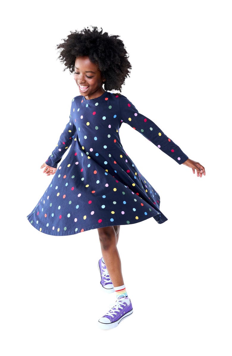 Primary Long Sleeve Twirly Dress In Confetti Dots, Alternate, color,
