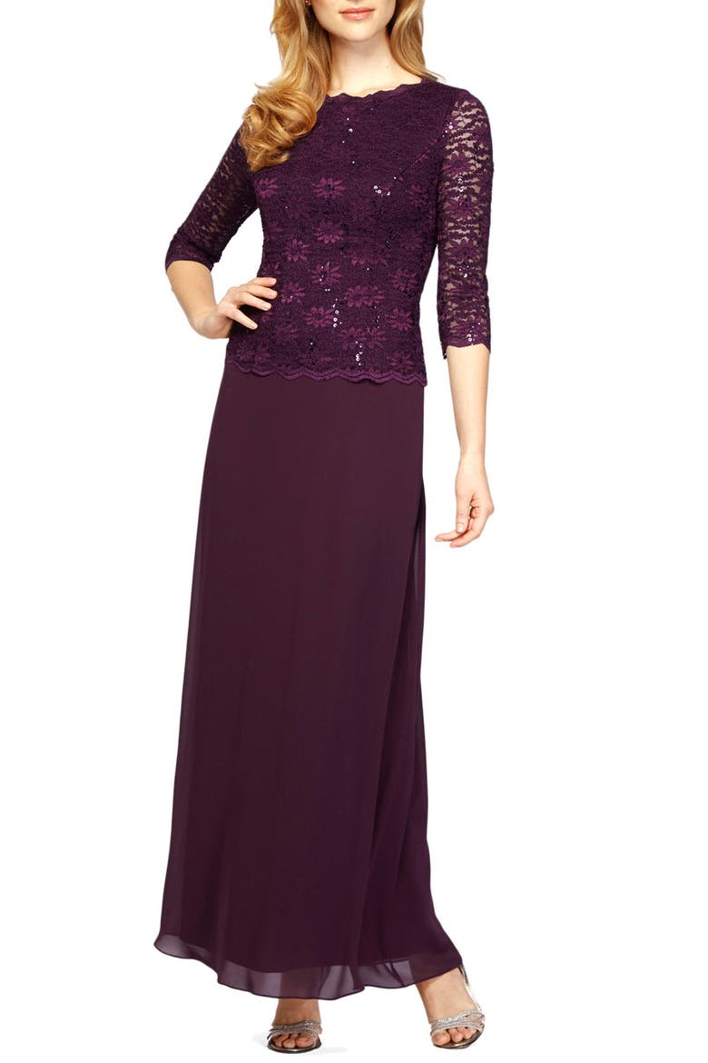 Sequin Lace & Chiffon Gown, Main, color, DEEP PLUM