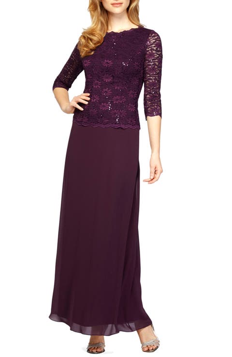 Alex Evenings Sequin Lace & Chiffon Gown (Regular & Petite)
