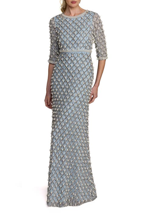 3/4 Sleeve Pearl Embellished Mesh Gown