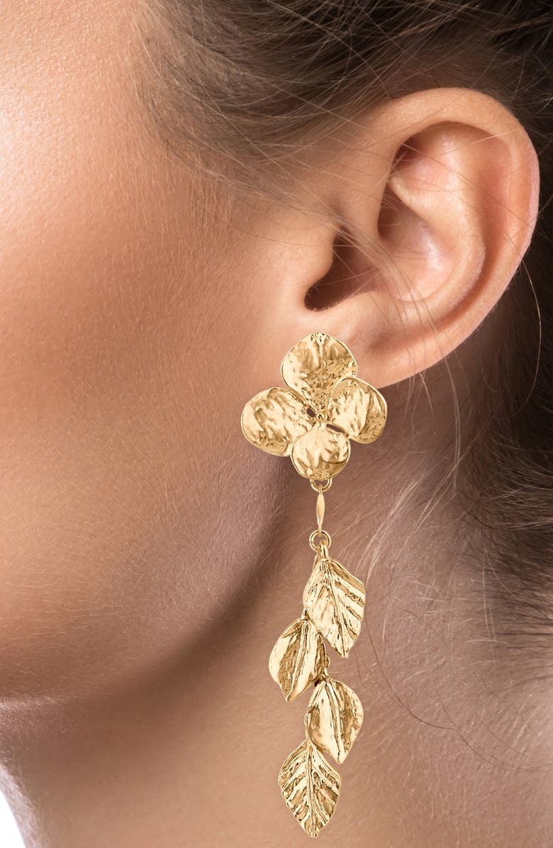 JARDIN Floral Leaf Drop Earrings, Alternate, color, Gold